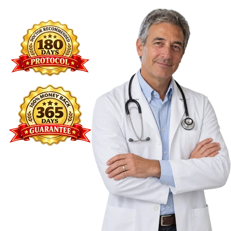 Dr. Langford, with the Doctor Recommended 180-Day Protocol and 100% Money Back 365-Day Guarantee seals