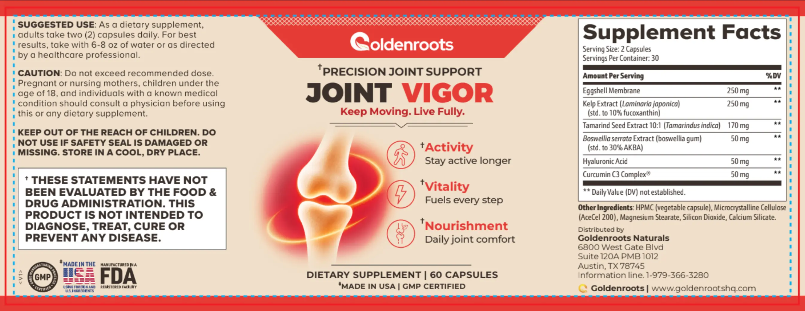 Joint Vigor supplement label — suggested use, warnings, ingredients and Supplement Facts panel