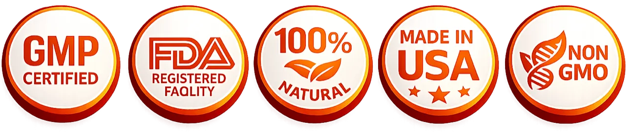 GMP Certified, FDA Registered Facility, 100% Natural, Made in USA and Non-GMO badges